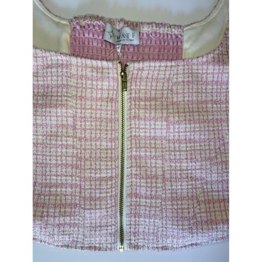 WAYF Pink Tweed Zip Front Crop Top Textured Smocked Back Size S - Picture 6 of 13